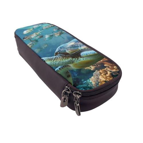 BNVSADC Federmäppchen und Make-up-Tasche, Motiv: Meeresschildkröte mit Fischen, aus Kunstleder, niedlich, für Schule, Büro, Reisen, Schwarz , Einheitsgröße, Schulranzen von BNVSADC