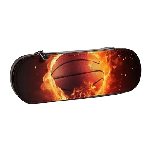 BNVSADC Federmäppchen und Make-up-Tasche aus Leder, Motiv: Basketball auf Feuer, Flammenspritzer, bedrucktes Federmäppchen und Make-up-Tasche – stilvolle Hartschalen-Bleistifttasche, von BNVSADC