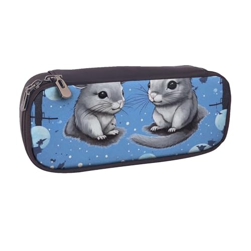 BNVSADC Federmäppchen und Make-up-Tasche aus Leder, Motiv: Chinchillas und Mond, Blau, Schwarz , Einheitsgröße, Kosmetiktasche von BNVSADC