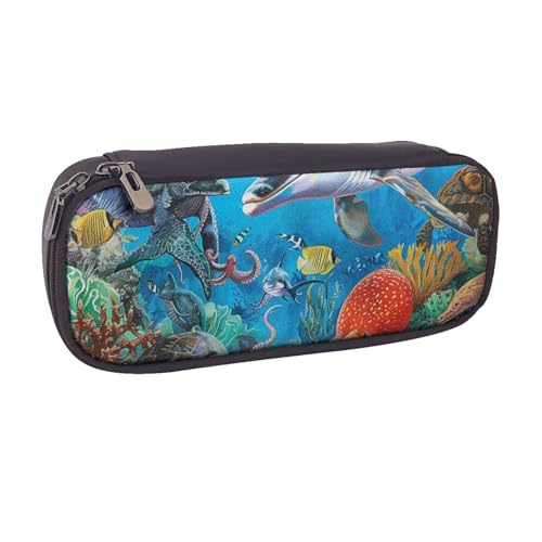 BNVSADC Federmäppchen und Make-up-Tasche aus Leder, Motiv: Delfine, Meeresschildkröte, Oktopus, Korallenriff, bedruckt, stilvolles Federmäppchen, Schreibwaren, Organizer, Tasche für Schule, Büro von BNVSADC