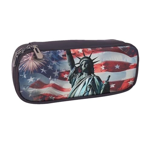BNVSADC Federmäppchen und Make-up-Tasche aus Leder, Motiv: Freiheitsstatue, Flagge, bedrucktes Federmäppchen und Make-up-Tasche – stilvolles Federmäppchen für Schule, Büro, Reisen, Schwarz von BNVSADC