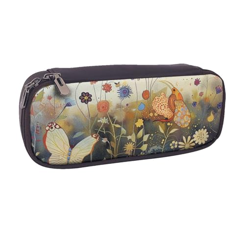 BNVSADC Federmäppchen und Make-up-Tasche aus Leder, Motiv: Henne fliegende Schmetterlinge unter Blumen – stilvolles Federmäppchen für Schule, Büro, Reisen, Schwarz , Einheitsgröße, Kosmetiktasche von BNVSADC
