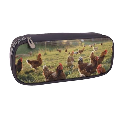 BNVSADC Federmäppchen und Make-up-Tasche aus Leder, Motiv: Hühner und Bauernhof, stilvolles Federmäppchen für Schule, Büro, Reisen, Schwarz , Einheitsgröße, Kosmetiktasche von BNVSADC