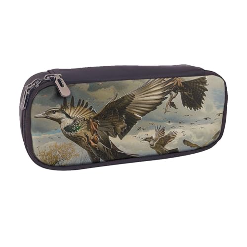 BNVSADC Federmäppchen und Make-up-Tasche aus Leder, Motiv: Jagd, fliegende Wildnis – stilvolle Stiftetasche, Schreibwaren-Organizer-Tasche für Schule, Büro, Reisen, Schwarz , Einheitsgröße, von BNVSADC