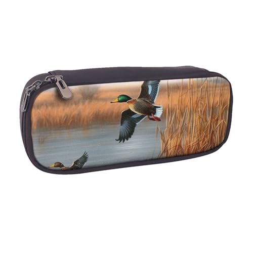 BNVSADC Federmäppchen und Make-up-Tasche aus Leder, Motiv: Jagd, fliegende wilde Ente, 1 Stück, stilvolles Federmäppchen für Schule, Büro, Reisen, Schwarz , Einheitsgröße, Kosmetiktasche von BNVSADC