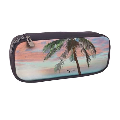 BNVSADC Federmäppchen und Make-up-Tasche aus Leder, Motiv: Kokospalme, Sandstrand, bedruckt, stilvolles Federmäppchen für Schule, Büro, Reisen, Schwarz , Einheitsgröße, Kosmetiktasche von BNVSADC