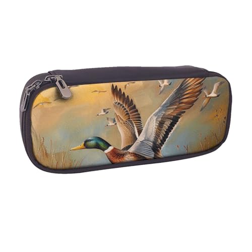 BNVSADC Federmäppchen und Make-up-Tasche aus Leder, Motiv: Ölgemälde, Ente bedruckt, stilvolles Federmäppchen für Schule, Büro, Reisen, Schwarz , Einheitsgröße, Kosmetiktasche von BNVSADC