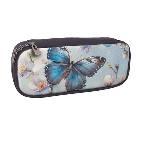 BNVSADC Federmäppchen und Make-up-Tasche aus Leder, Motiv: Schmetterling auf Blüte, Blau, Schwarz , Einheitsgröße, Kosmetiktasche von BNVSADC
