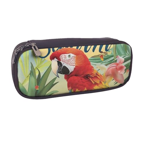 BNVSADC Federmäppchen und Make-up-Tasche aus Leder, Motiv: Sommerpapagei, Ananas, Vogel, bedruckt, für Schule, Büro, Reisen, Schwarz , Einheitsgröße, Kosmetiktasche von BNVSADC