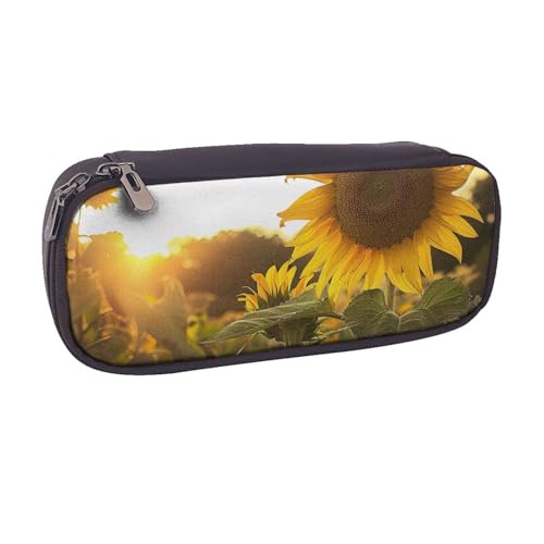BNVSADC Federmäppchen und Make-up-Tasche aus Leder, Motiv: Sonnenblumen, Sonnenblumen, bedruckt, für Schule, Büro, Reisen, Schwarz , Einheitsgröße, Kosmetiktasche von BNVSADC