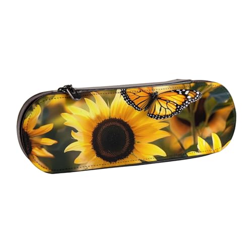 BNVSADC Federmäppchen und Make-up-Tasche aus Leder, Motiv: Sonnenblumenfeld, stilvolle Hartschale, Schreibwaren-Organizer-Tasche für Schule, Büro, Reisen, Sonnenblumen, blühende Blumen, Pflanzen von BNVSADC