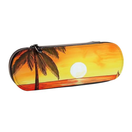 BNVSADC Federmäppchen und Make-up-Tasche aus Leder, Motiv: Sonnenuntergang Palme, stilvolle Hartschale, Schreibwaren-Organizer-Tasche für Schule, Büro, Reisen, Schwarz , Einheitsgröße, Kosmetiktasche von BNVSADC