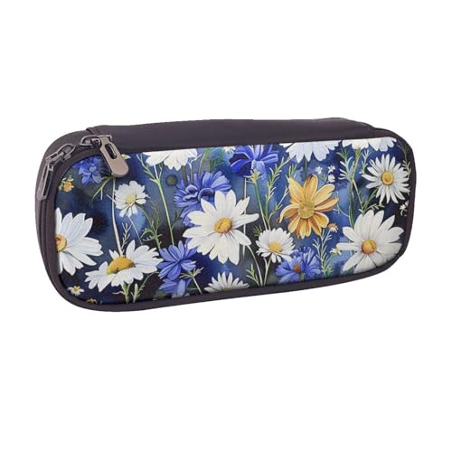 BNVSADC Federmäppchen und Make-up-Tasche aus Leder, Motiv: Wildblumen und Kornblumen, Gänseblümchen, bedruckt, stilvolles Federmäppchen, Schreibwaren, Organizer, Tasche für Schule, Büro, Reisen von BNVSADC
