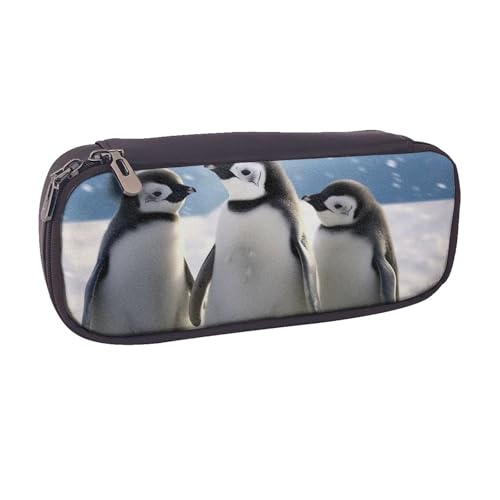 BNVSADC Federmäppchen und Make-up-Tasche aus Leder, Motiv: junge Pinguine mit Schnee bedruckt, stilvolles Federmäppchen für Schule, Büro, Reisen, Schwarz , Einheitsgröße, Kosmetiktasche von BNVSADC