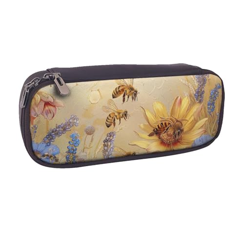 BNVSADC Federmäppchen und Make-up-Tasche aus Leder, Motiv: ländliche Bienen, Wildblumen, bedruckt, stilvolles Federmäppchen, Schreibwaren, Organizer, Tasche für Schule, Büro, Reisen, Schwarz von BNVSADC