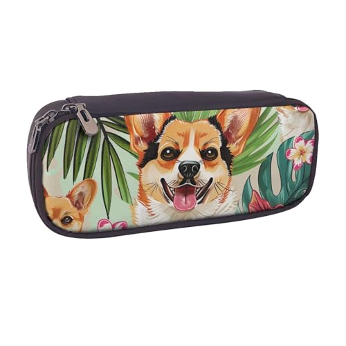BNVSADC Federmäppchen und Make-up-Tasche aus Leder, Motiv: tropische Blumen und Corgi – stilvolles Federmäppchen für Schule, Büro, Reisen, Schwarz , Einheitsgröße, Kosmetiktasche von BNVSADC