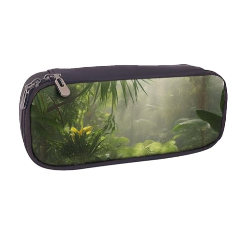 BNVSADC Federmäppchen und Make-up-Tasche aus Leder, Motiv: tropischer Regenwald, Dschungel-Szene, bedruckt, stilvolles Federmäppchen, Schreibwaren, Organizer, Tasche für Schule, Büro, Reisen, Schwarz von BNVSADC