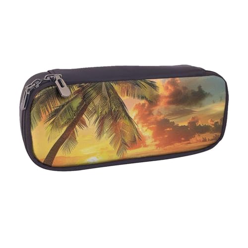 BNVSADC Federmäppchen und Make-up-Tasche aus Leder, Motiv: tropischer Strand, Palme, Sonnenuntergang, bedruckt, stilvolles Federmäppchen, Schreibwaren, Organizer, Tasche für Schule, Büro, Reisen, von BNVSADC