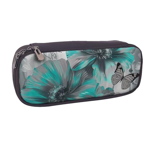 BNVSADC Federmäppchen und Make-up-Tasche aus Leder, mit Blumenmotiv, Schmetterlings-Motiv, Grau / Blaugrün, Schwarz , Einheitsgröße, Kosmetiktasche von BNVSADC