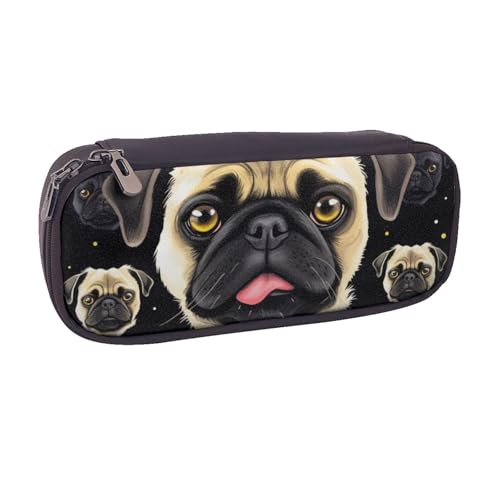 BNVSADC Federmäppchen und Make-up-Tasche aus Leder, mit Mops-Aufdruck, stilvolles Federmäppchen, Schreibwaren-Organizer, Tasche für Schule, Büro, Reisen, Schwarz , Einheitsgröße, Kosmetiktasche von BNVSADC
