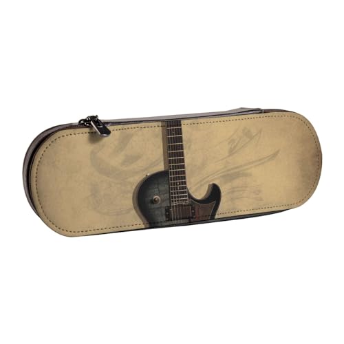 BNVSADC Federmäppchen und Make-up-Tasche aus Leder im Vintage-Stil mit Musikgitarre – stilvolle Hartschalen-Bleistifttasche für Schule, Büro, Reisen, Schwarz , Einheitsgröße, Kosmetiktasche von BNVSADC