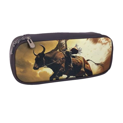 BNVSADC Federmäppchen und Make-up-Tasche aus Leder mit Aufdruck "Cool Bull Riding – Stilvolle Bleistifttasche Schreibwaren-Organizer-Tasche für Schule, Büro, Reisen, Schwarz , Einheitsgröße, von BNVSADC