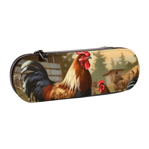BNVSADC Federmäppchen und Make-up-Tasche aus Leder mit Bauernhof-Aufdruck, Motiv: Huhn und Hahn – stilvolle Hartschalen-Bleistifttasche, Schreibwaren-Organizer-Tasche für Schule, Büro, Reisen, Schwarz von BNVSADC