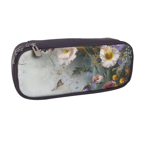 BNVSADC Federmäppchen und Make-up-Tasche aus Leder mit Blumen und Schmetterlingen – stilvolles Federmäppchen für Schule, Büro, Reisen, Schwarz , Einheitsgröße, Kosmetiktasche von BNVSADC