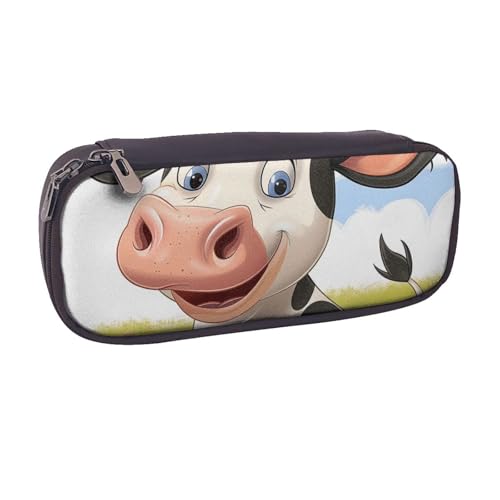 BNVSADC Federmäppchen und Make-up-Tasche aus Leder mit Cartoon-Milchkuh-Aufdruck – stilvolles Federmäppchen für Schule, Büro, Reisen, Schwarz , Einheitsgröße, Kosmetiktasche von BNVSADC