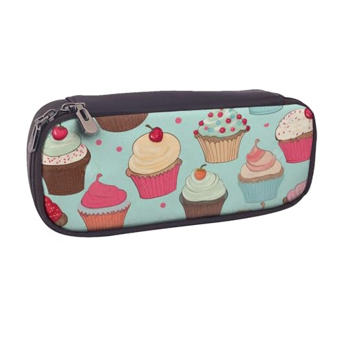 BNVSADC Federmäppchen und Make-up-Tasche aus Leder mit Cupcake-Muster, stilvolles Federmäppchen, Schreibwaren-Organizer-Tasche für Schule, Büro, Reisen, Schwarz , Einheitsgröße, Kosmetiktasche von BNVSADC