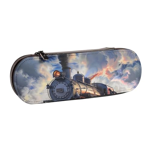 BNVSADC Federmäppchen und Make-up-Tasche aus Leder mit Dampfzug und Wolken, stilvolles Hartschalen-Federmäppchen für Schule, Büro, Reisen, Schwarz , Einheitsgröße, Kosmetiktasche von BNVSADC