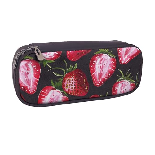 BNVSADC Federmäppchen und Make-up-Tasche aus Leder mit Erdbeer-Muster, stilvolles Federmäppchen für Schule, Büro, Reisen, Schwarz , Einheitsgröße, Kosmetiktasche von BNVSADC