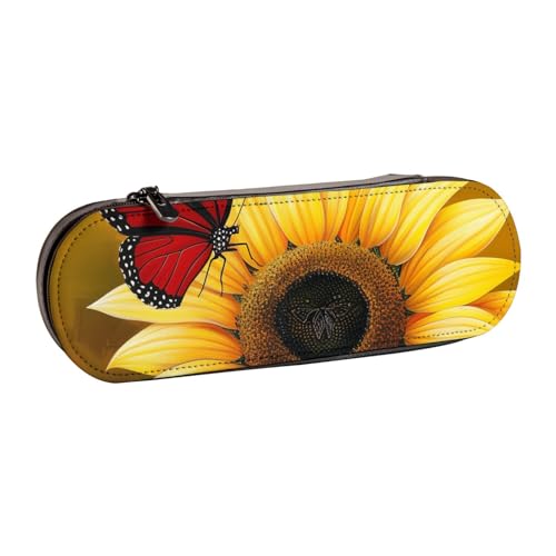 BNVSADC Federmäppchen und Make-up-Tasche aus Leder mit Eulen-Motiv und Ästen, stilvolle Hartschale, Schreibwaren-Organizer-Tasche für Schule, Büro, Reisen, Gelbe Sonnenblumen mit rotem Schmetterling von BNVSADC