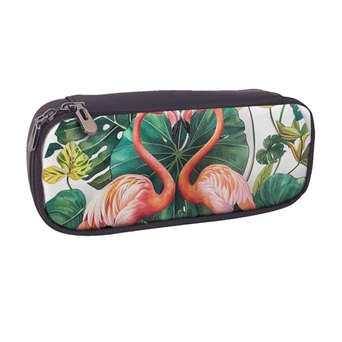 BNVSADC Federmäppchen und Make-up-Tasche aus Leder mit Flamingo-Vogel-Motiv, rund, Blätter, bedruckt, stilvolles Federmäppchen, Schreibwaren, Organizer, Tasche für Schule, Büro, Reisen, Schwarz , von BNVSADC