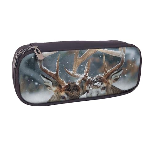 BNVSADC Federmäppchen und Make-up-Tasche aus Leder mit Hirsch im schönen Schnee-Aufdruck, stilvolles Federmäppchen, Schreibwaren-Organizer-Tasche für Schule, Büro, Reisen, Schwarz , Einheitsgröße, von BNVSADC