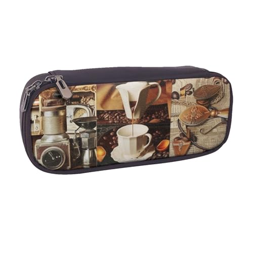 BNVSADC Federmäppchen und Make-up-Tasche aus Leder mit Kaffee-Collage, stilvolles Federmäppchen, Schreibwaren-Organizer, Tasche für Schule, Büro, Reisen, Schwarz , Einheitsgröße, Kosmetiktasche von BNVSADC