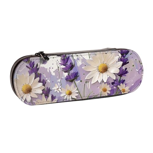 BNVSADC Federmäppchen und Make-up-Tasche aus Leder mit Lavendel- und Gänseblümchen-Motiv, stilvolle Hartschale, Schreibwaren-Organizer-Tasche für Schule, Büro, Reisen, Schwarz , Einheitsgröße, von BNVSADC