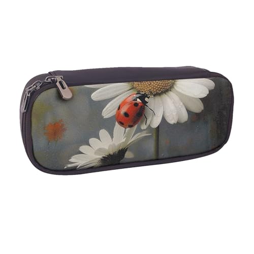 BNVSADC Federmäppchen und Make-up-Tasche aus Leder mit Marienkäfer und Blumenmotiv, stilvolles Federmäppchen für Schule, Büro, Reisen, Schwarz , Einheitsgröße, Kosmetiktasche von BNVSADC