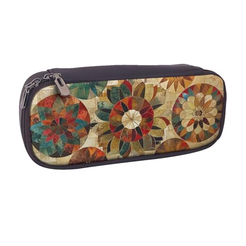 BNVSADC Federmäppchen und Make-up-Tasche aus Leder mit Medaillon-Muster, stilvolles Federmäppchen, Schreibwaren-Organizer, Tasche für Schule, Büro, Reisen, Schwarz , Einheitsgröße, Kosmetiktasche von BNVSADC