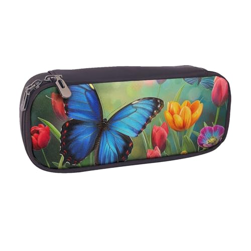 BNVSADC Federmäppchen und Make-up-Tasche aus Leder mit Schmetterlings- und Blumenmuster, stilvolles Federmäppchen für Schule, Büro, Reisen, Schwarz , Einheitsgröße, Kosmetiktasche von BNVSADC