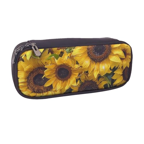BNVSADC Federmäppchen und Make-up-Tasche aus Leder mit Sonnenblumen-Motiv, stilvolles Federmäppchen für Schule, Büro, Reisen, Schwarz , Einheitsgröße, Kosmetiktasche von BNVSADC