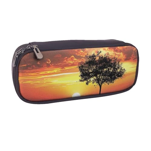 BNVSADC Federmäppchen und Make-up-Tasche aus Leder mit Sonnenuntergang-Baum, für Sport, Golfball, Schreibwaren, Organizer, Tasche für Schule, Büro, Reisen, Schwarz , Einheitsgröße, Kosmetiktasche von BNVSADC