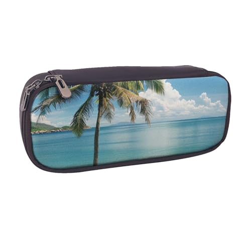 BNVSADC Federmäppchen und Make-up-Tasche aus Leder mit Strand- und Palmenmotiv, stilvolles Federmäppchen für Schule, Büro, Reisen, Schwarz , Einheitsgröße, Kosmetiktasche von BNVSADC