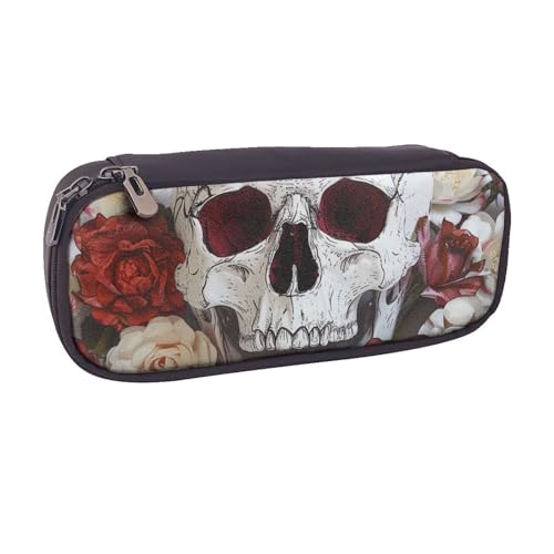 BNVSADC Federmäppchen und Make-up-Tasche aus Leder mit Totenkopf-Motiv, stilvolles Federmäppchen für Schule, Büro, Reisen, Schwarz , Einheitsgröße, Kosmetiktasche von BNVSADC