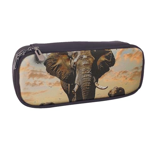 BNVSADC Federmäppchen und Make-up-Tasche aus Leder mit afrikanischem Elefanten-Motiv, stilvolles Federmäppchen für Schule, Büro, Reisen, Schwarz , Einheitsgröße, Kosmetiktasche von BNVSADC