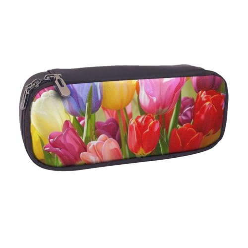 BNVSADC Federmäppchen und Make-up-Tasche aus Leder mit buntem Blumendruck – stilvolles Federmäppchen für Schule, Büro, Reisen, Schwarz , Einheitsgröße, Kosmetiktasche von BNVSADC