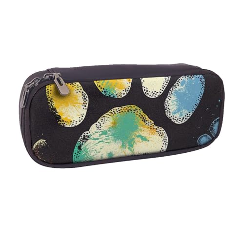 BNVSADC Federmäppchen und Make-up-Tasche aus Leder mit buntem Hundepfotenabdruck, schwarz, bedrucktes Federmäppchen für Schule, Büro, Reisen, Schwarz , Einheitsgröße, Kosmetiktasche von BNVSADC