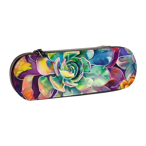 BNVSADC Federmäppchen und Make-up-Tasche aus Leder mit buntem Sukkulenten-Aufdruck – stilvolle Hartschalen-Bleistifttasche, Schreibwaren-Organizer-Tasche für Schule, Büro, Reisen, Schwarz , von BNVSADC