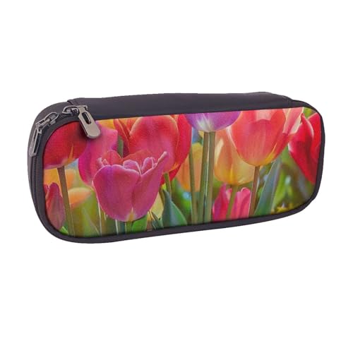 BNVSADC Federmäppchen und Make-up-Tasche aus Leder mit bunten Blumen – stilvolles Federmäppchen für Schule, Büro, Reisen, Schwarz , Einheitsgröße, Kosmetiktasche von BNVSADC