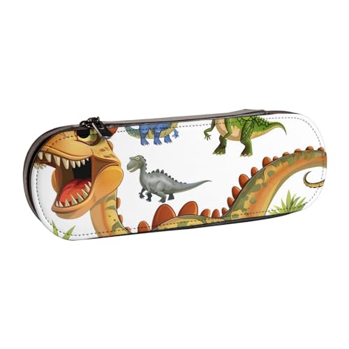 BNVSADC Federmäppchen und Make-up-Tasche aus Leder mit chinesischer Landschaftsmalerei, stilvolle Hartschale, Schreibwaren-Organizer-Tasche für Schule, Büro, Reisen, Cartoon-Dinosaurier-Bilder von BNVSADC